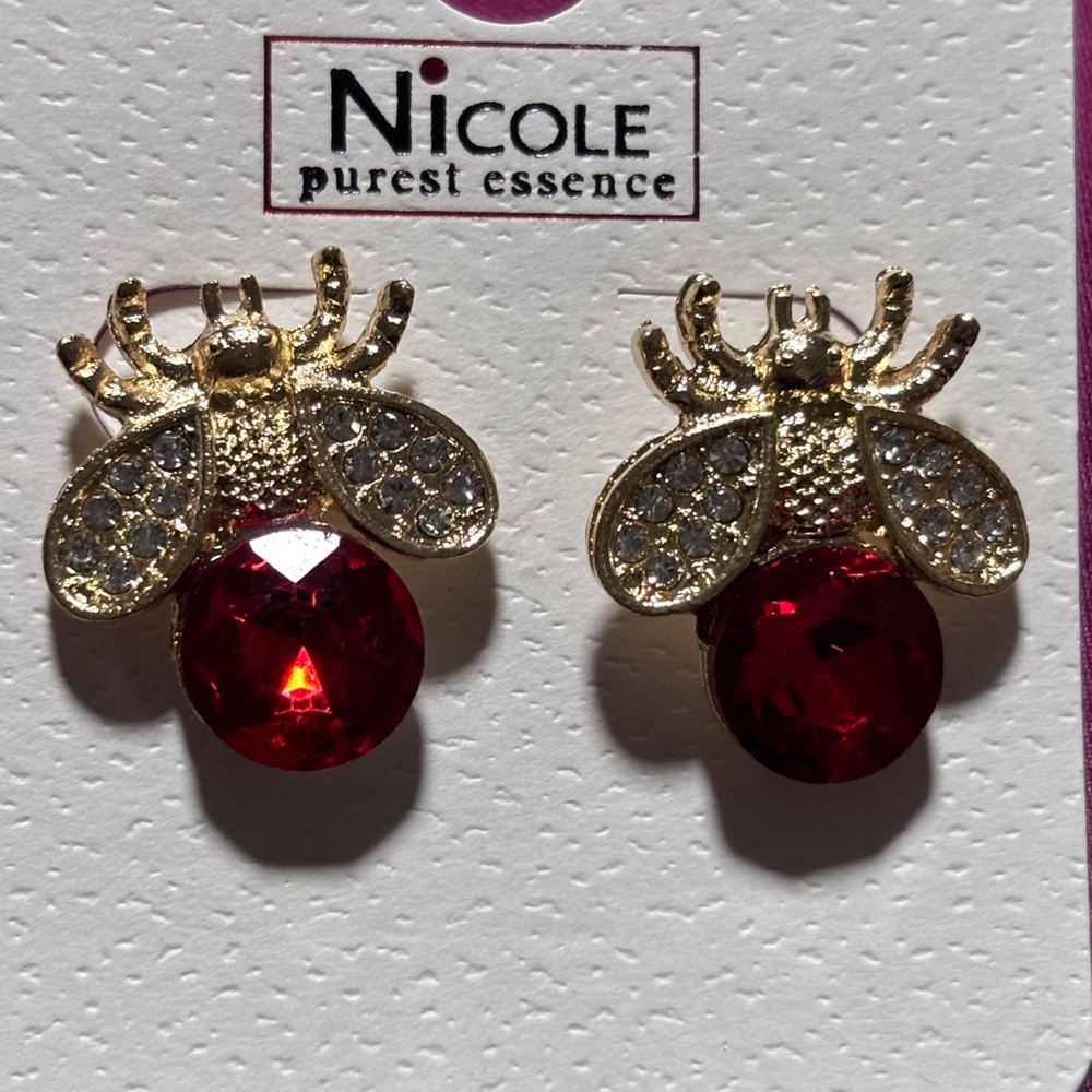 Nicole Clear and Red Gem Bee Earrings